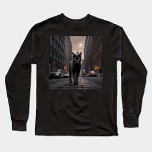 Digital art, Black Cat walking down a street in the city Sticker Long Sleeve T-Shirt